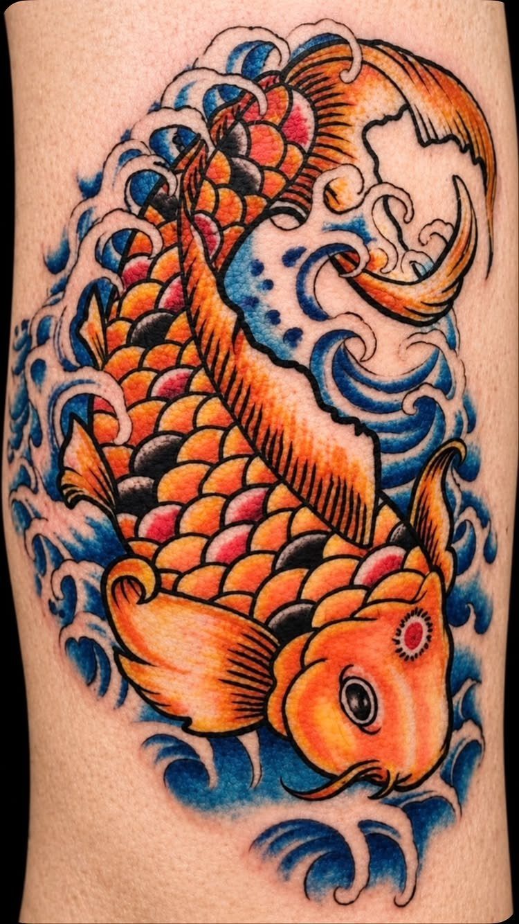 8 Color Tattoo Ideas for Men: Comic, Dragon & Watercolor 4 A vibrant orange and black koi fish tattoo surrounded by blue swirling water waves on skin.