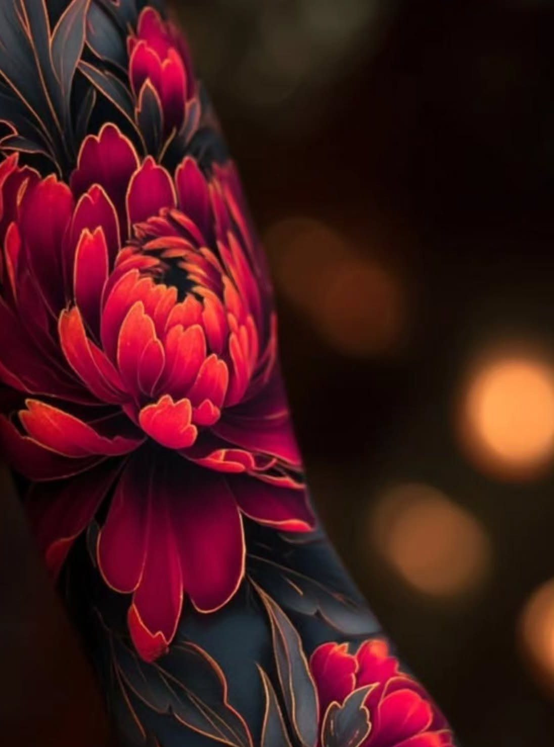 A detailed red and orange floral tattoo with golden outlines on a person's arm.
