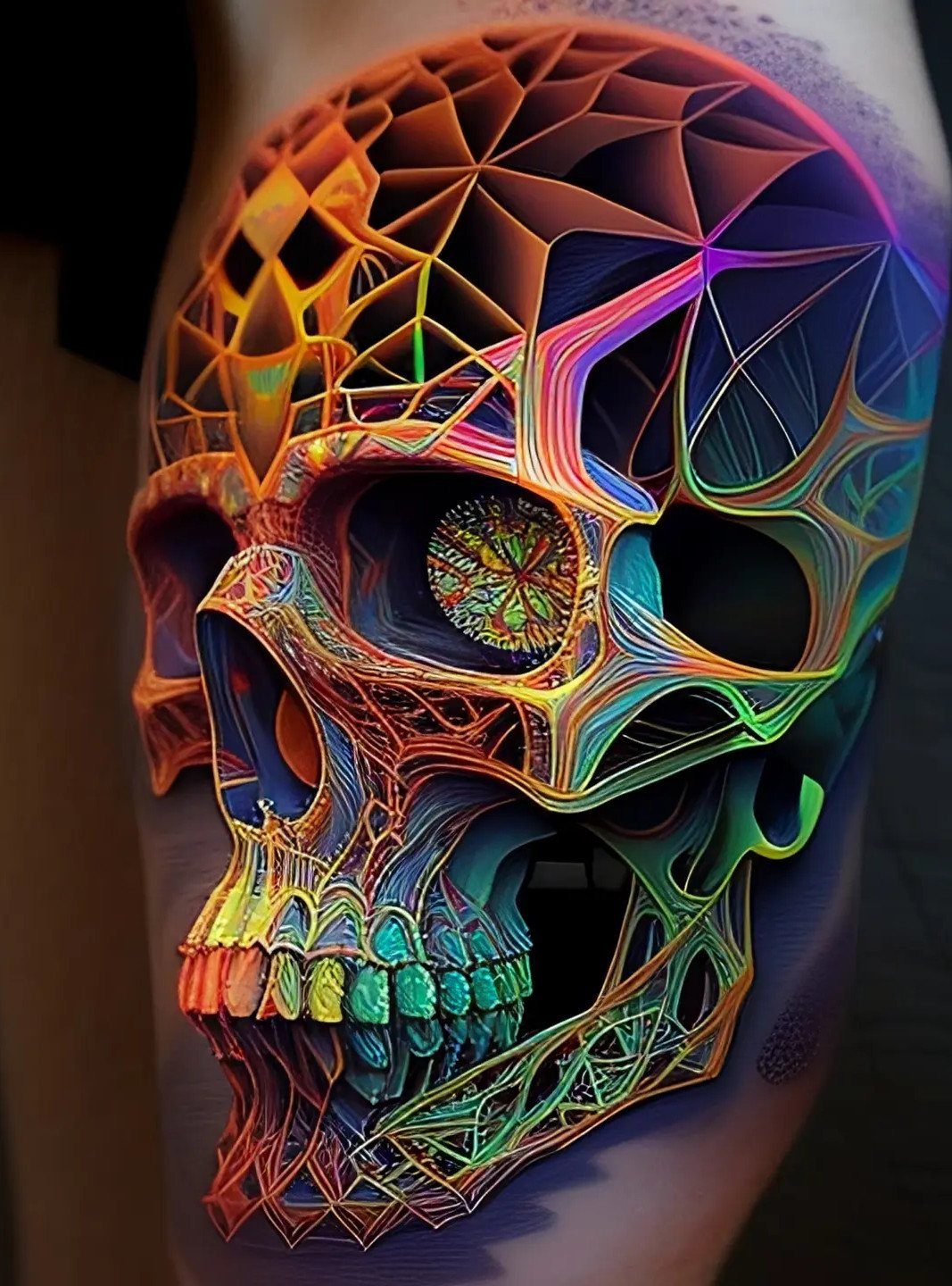 A vibrant, psychedelic skull tattoo with intricate geometric patterns and multicolored lines on skin.