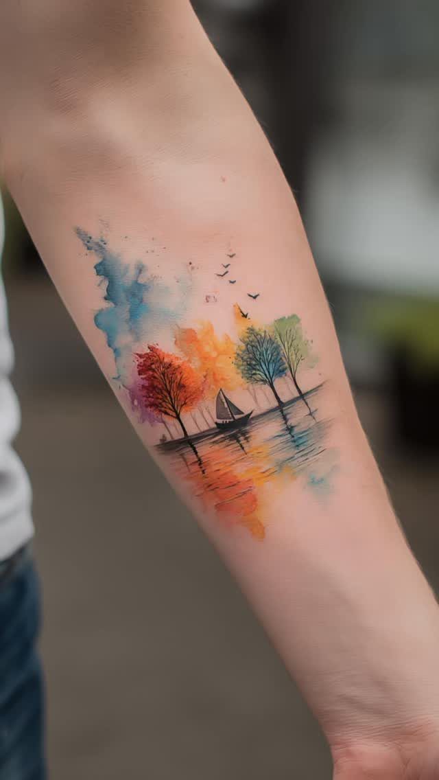 A colorful watercolor landscape tattoo on a person's forearm featuring trees and a sailboat.