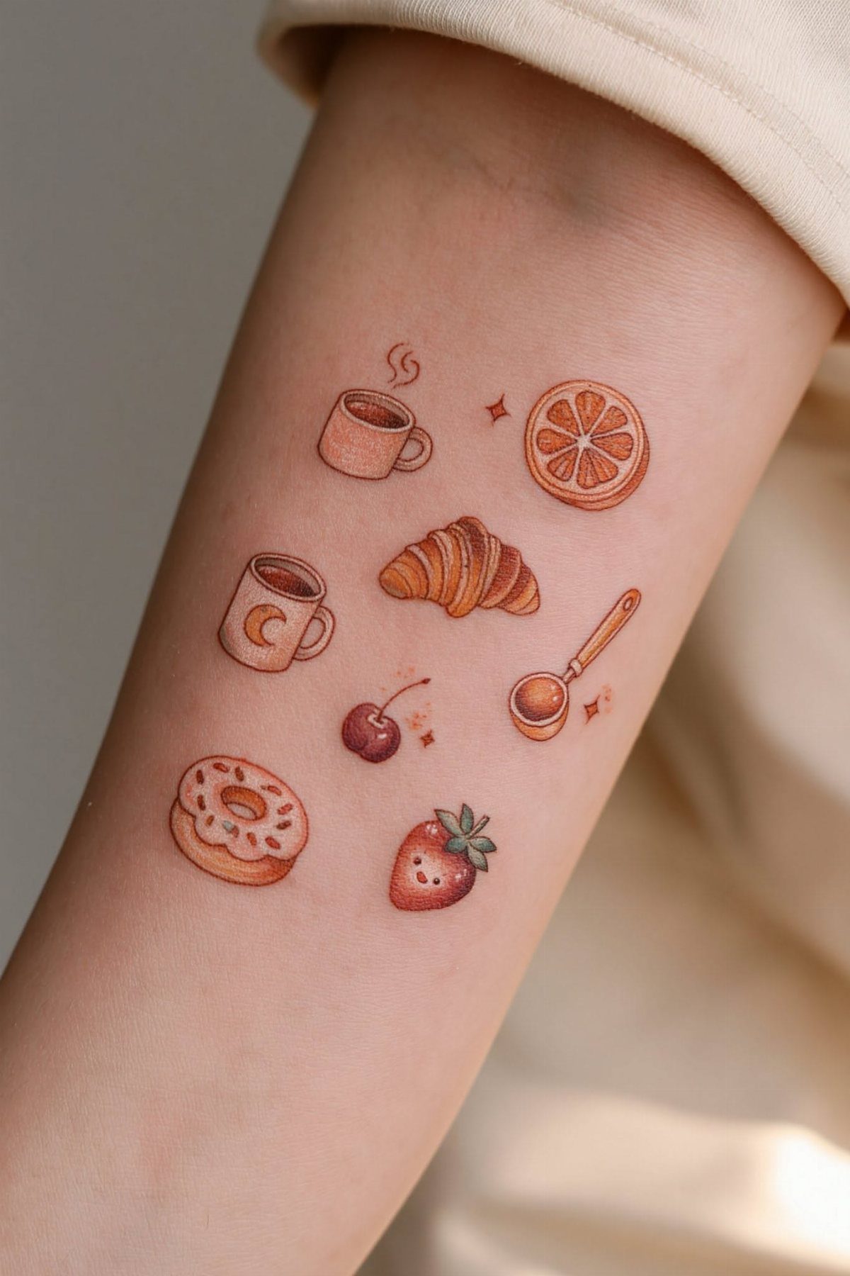 Small reddish-brown tattoos of food and drinks on a person's forearm.