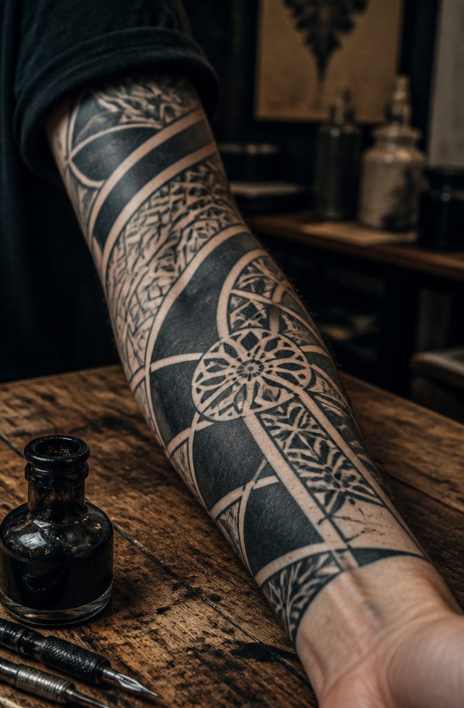 Close-up of a bold blackwork tattoo on a forearm.