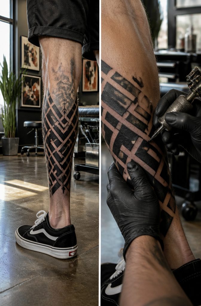 Geometric blackout sleeve tattoo covering an old design.