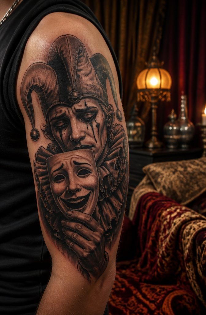 Tattoo of a crying jester holding a smile mask.