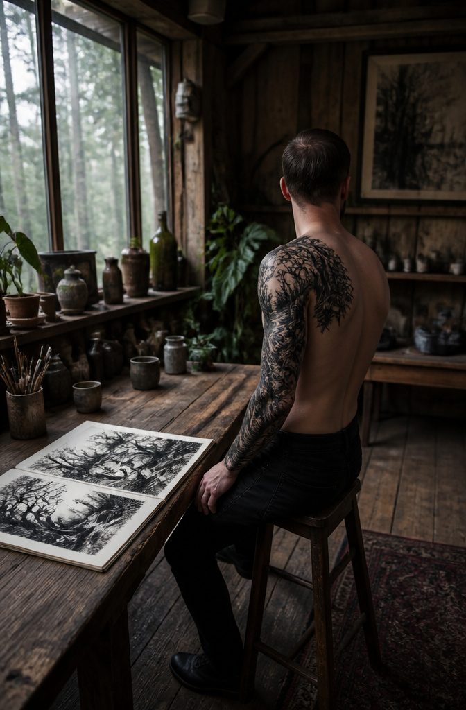 Tattoo of a dark forest with twisted trunks and shadowed paths.