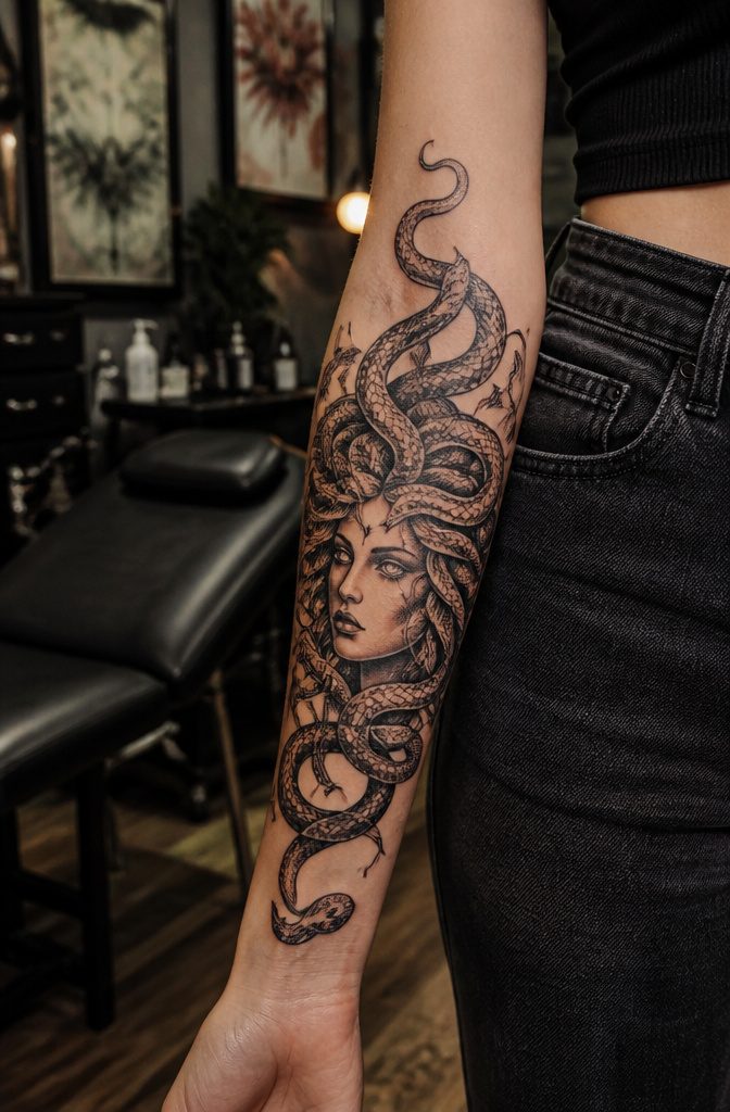 Tattoo of Medusa with serpents coiling around her face.