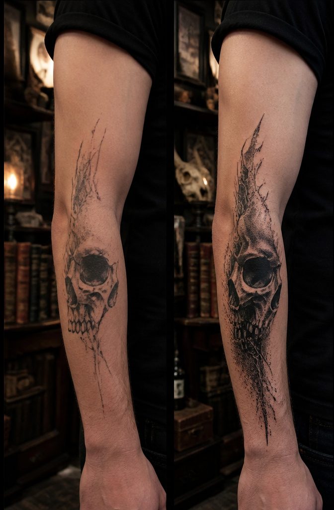 Abstract tattoo of a skull with geometric elements and shading.
