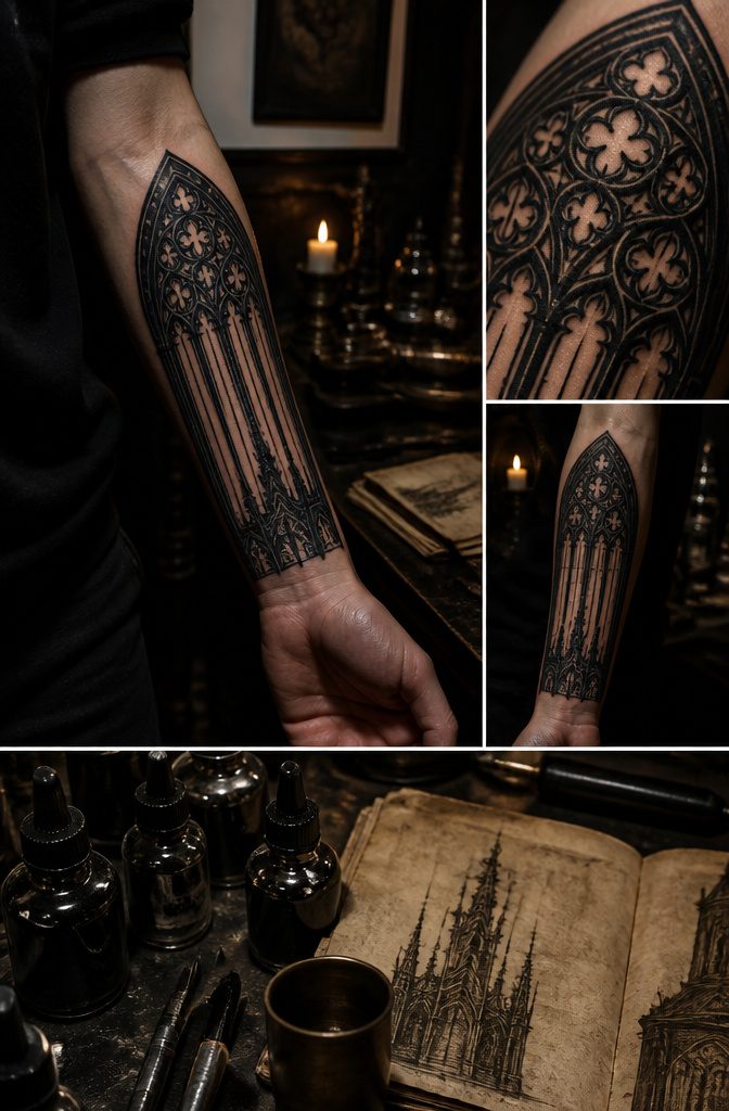 Tattoo of a Gothic window silhouette on a forearm.