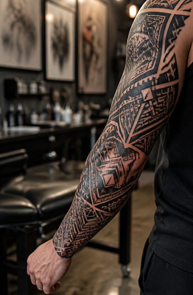 Tattoo featuring ancestral symbols and contemporary designs.