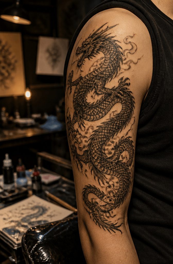 A dragon tattoo surrounded by black tendrils and smoke.