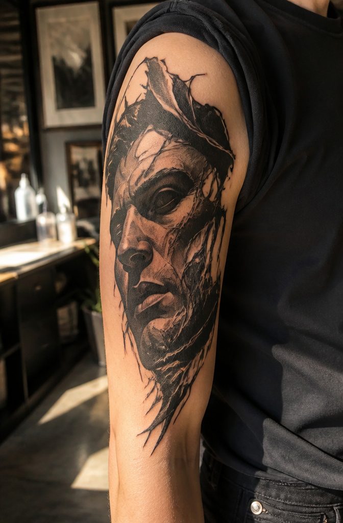 Blackwork tattoo of a face on the upper arm, showcasing deep details.
