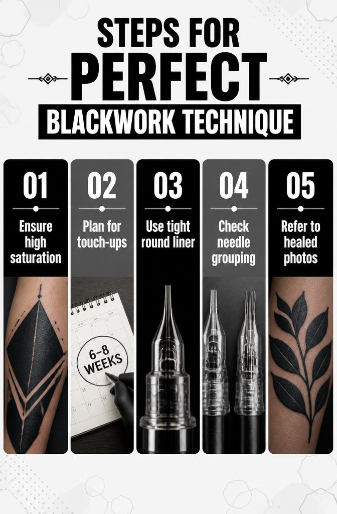 Information image detailing steps for achieving perfect blackwork.
