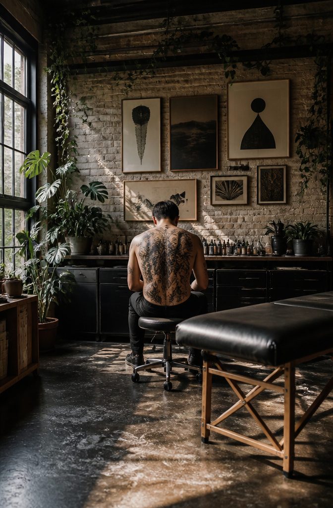Tattoo on the upper arm showcasing dark pattern work.