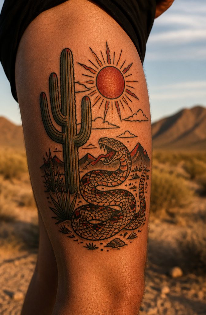 10 Desert Landscape Tattoo Ideas for Standing Waves of Ink 6 A traditional-style tattoo of a desert scene with strong lines.