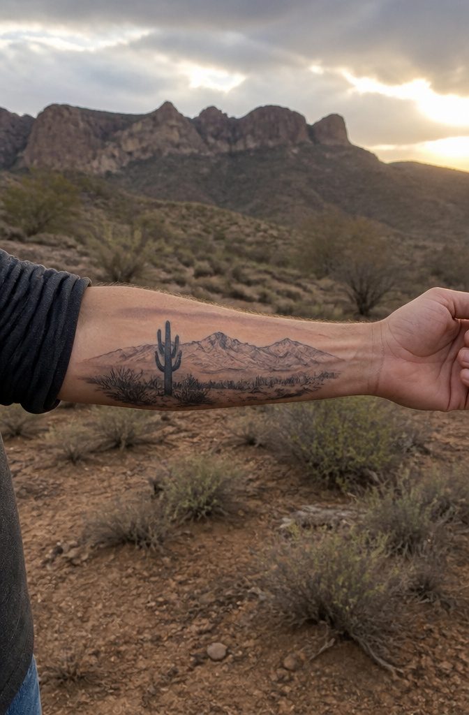10 Desert Landscape Tattoo Ideas for Standing Waves of Ink 3 A tattoo featuring a saguaro cactus and the Superstition Mountains.