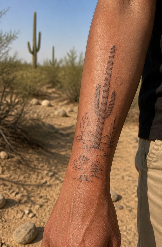 10 Desert Landscape Tattoo Ideas for Standing Waves of Ink 1 A desert cactus tattoo featuring fine-line details on skin.