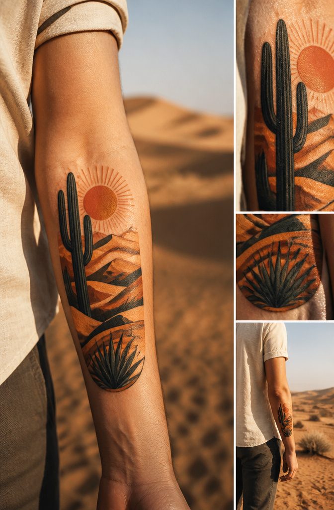 10 Desert Landscape Tattoo Ideas for Standing Waves of Ink 10 A tattoo featuring cacti and dunes in a desert landscape design.