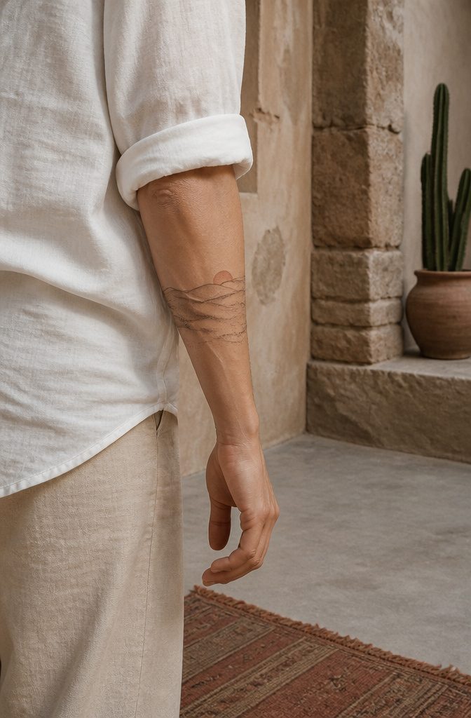 10 Desert Landscape Tattoo Ideas for Standing Waves of Ink 7 A forearm tattoo featuring a desert landscape composition.