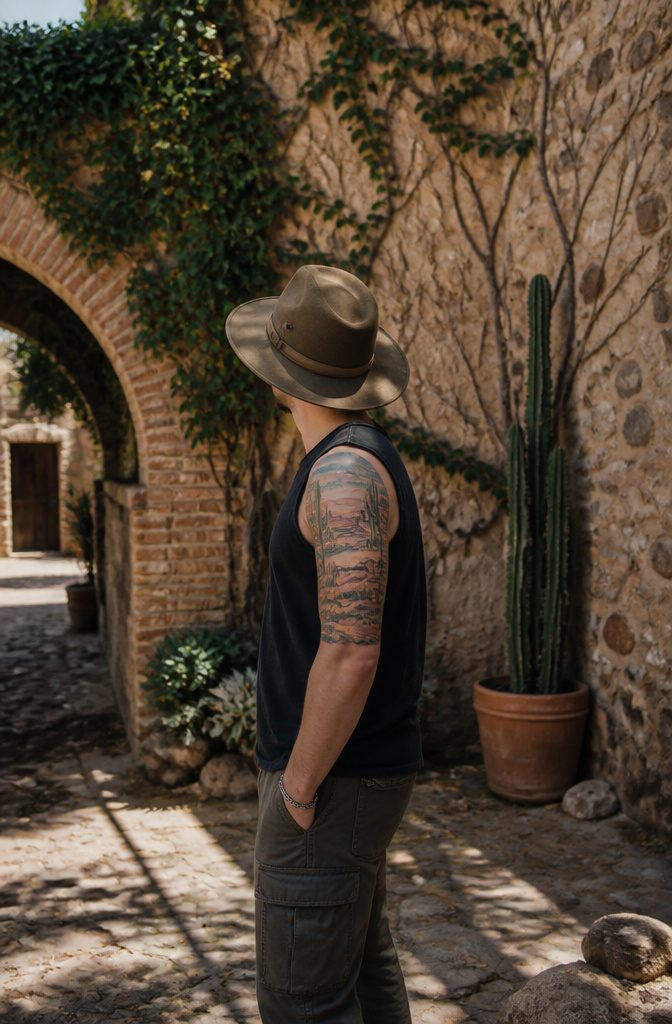 10 Desert Landscape Tattoo Ideas for Standing Waves of Ink 9 A tattoo depicting layered mesas and distant mountains in the desert.