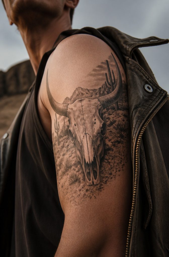 10 Desert Landscape Tattoo Ideas for Standing Waves of Ink 8 A tattoo showing a cow skull intertwined with ocotillo branches.