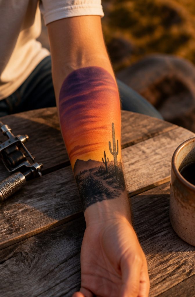 10 Desert Landscape Tattoo Ideas for Standing Waves of Ink 5 A tattoo depicting a desert sunset with a gradient of colors.