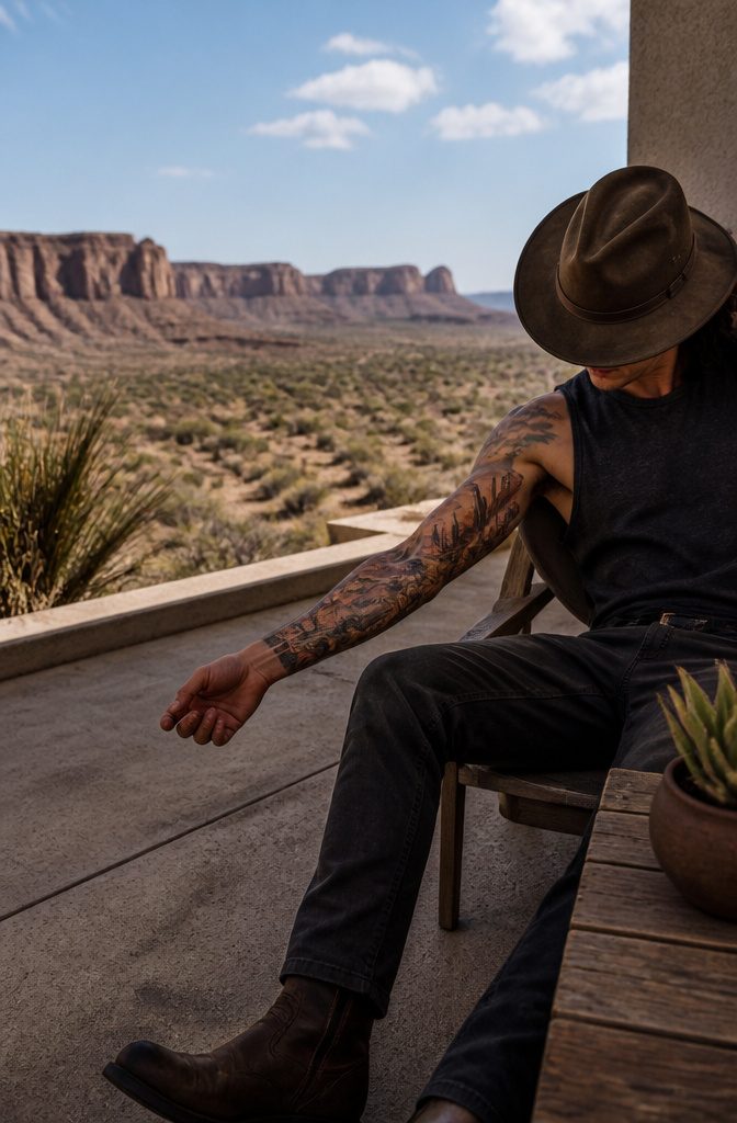 10 Desert Landscape Tattoo Ideas for Standing Waves of Ink 2 A tattoo sleeve depicting a detailed desert scene across the arm.