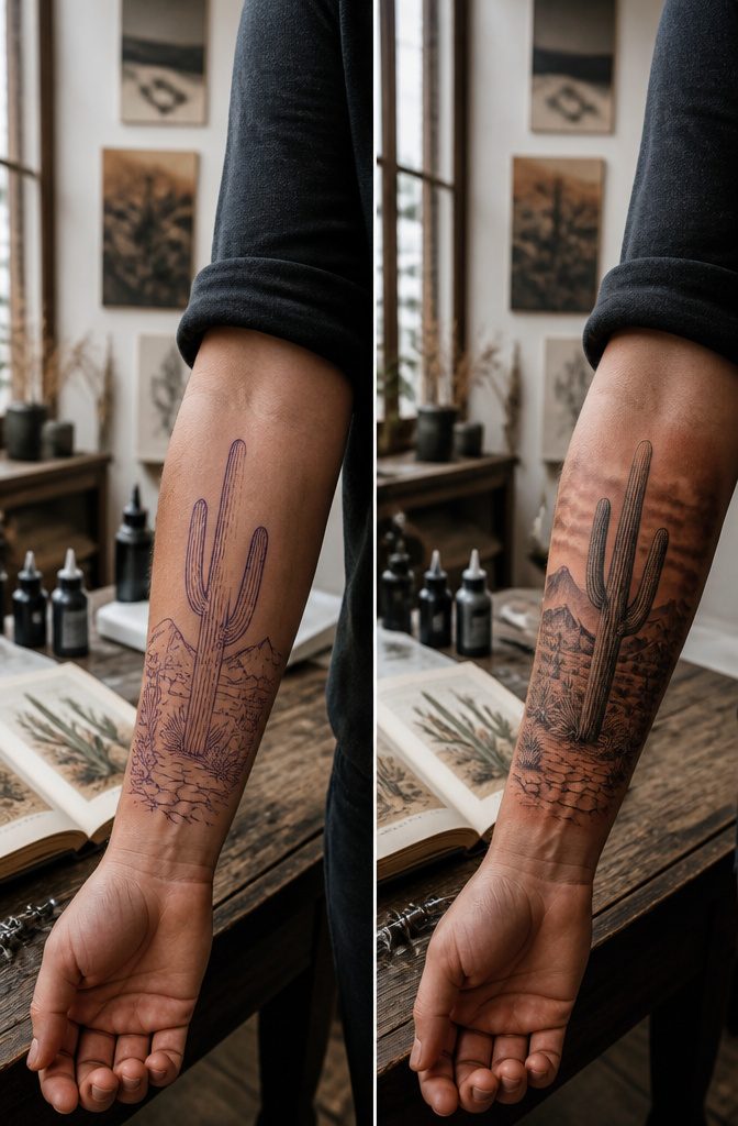 10 Desert Landscape Tattoo Ideas for Standing Waves of Ink 13 A realistic desert landscape tattoo with fine details and textures.