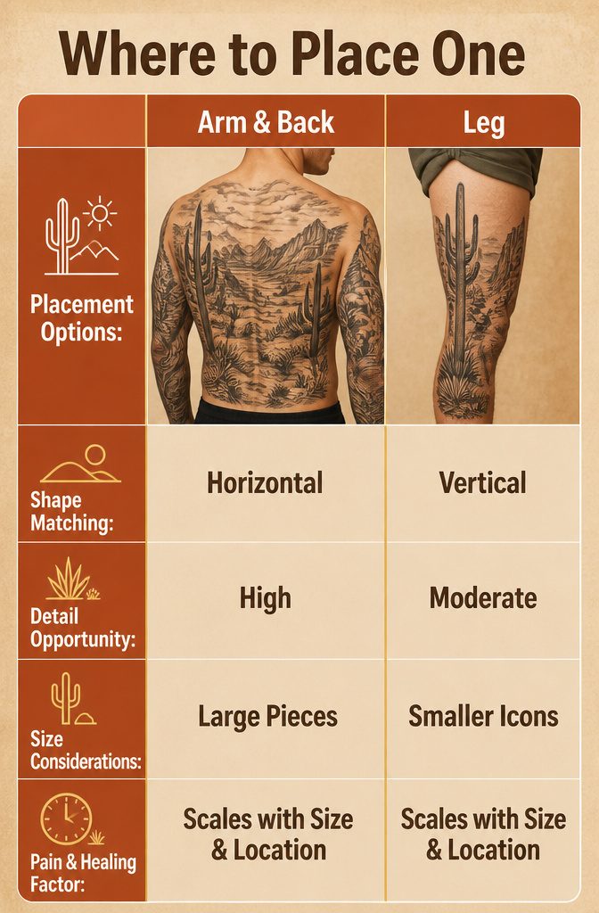 10 Desert Landscape Tattoo Ideas for Standing Waves of Ink 12 An information graphic about the best placement for desert tattoos.