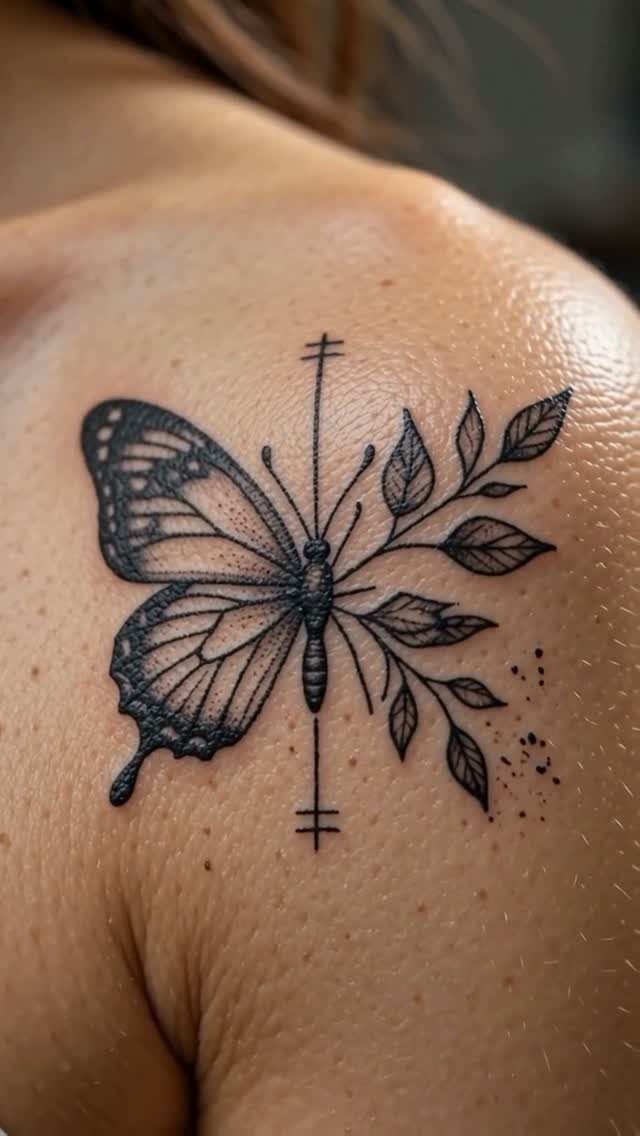 Fine Line Tattoo Aesthetic for Women: 9 Idea Boards 1 A fine line butterfly and leaf branch tattoo on a person's shoulder.