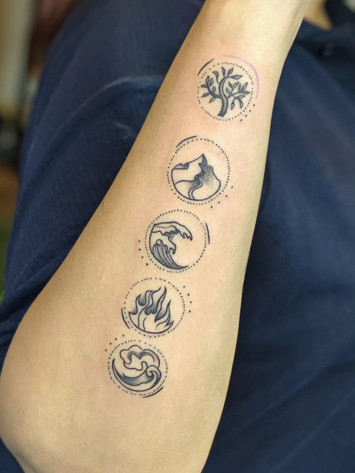 Five Elements Tattoo and 5 Symbol Arrangements to Try 4 Five circular elemental tattoos arranged vertically on a person's arm in black ink.