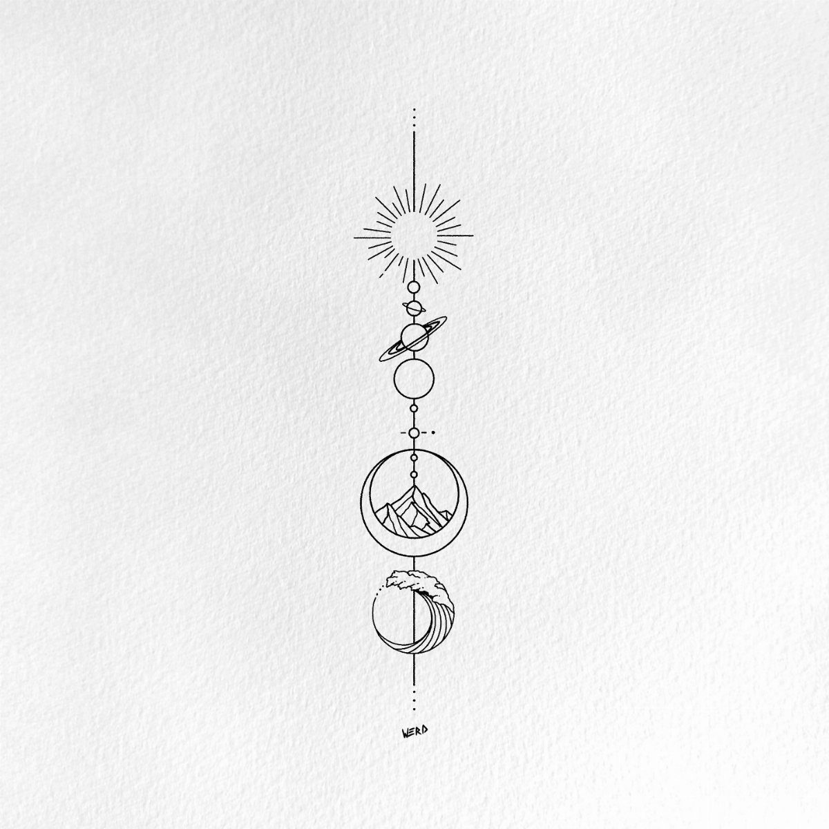 Five Elements Tattoo and 5 Symbol Arrangements to Try 1 Fine line black ink drawing of sun, planets, mountains, and waves in a vertical line.
