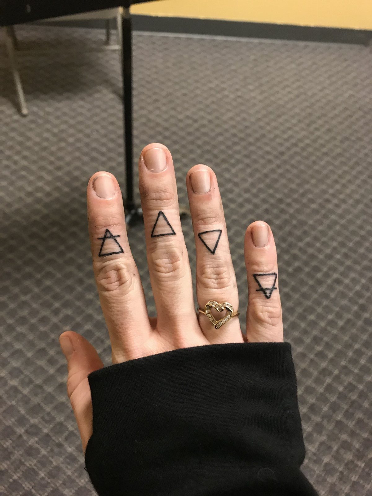 Five Elements Tattoo and 5 Symbol Arrangements to Try 3 Four small black ink triangle tattoos on the knuckles of a person's hand.