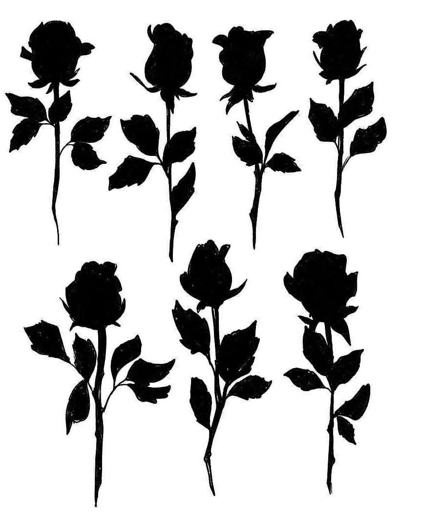 Seven black ink rose silhouettes with stems and leaves arranged on a white background.