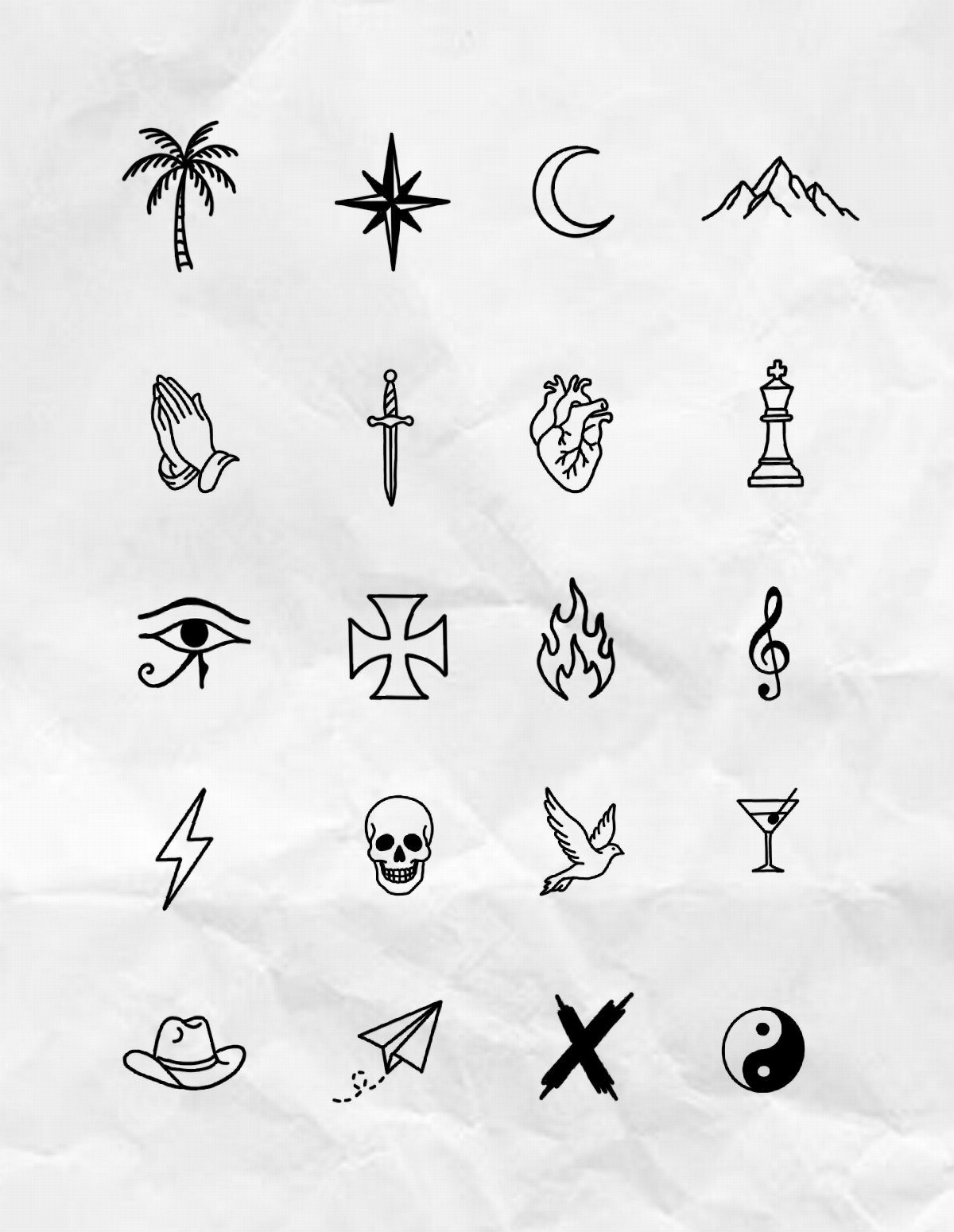Small black ink line art icons of various symbols on crumpled white paper.