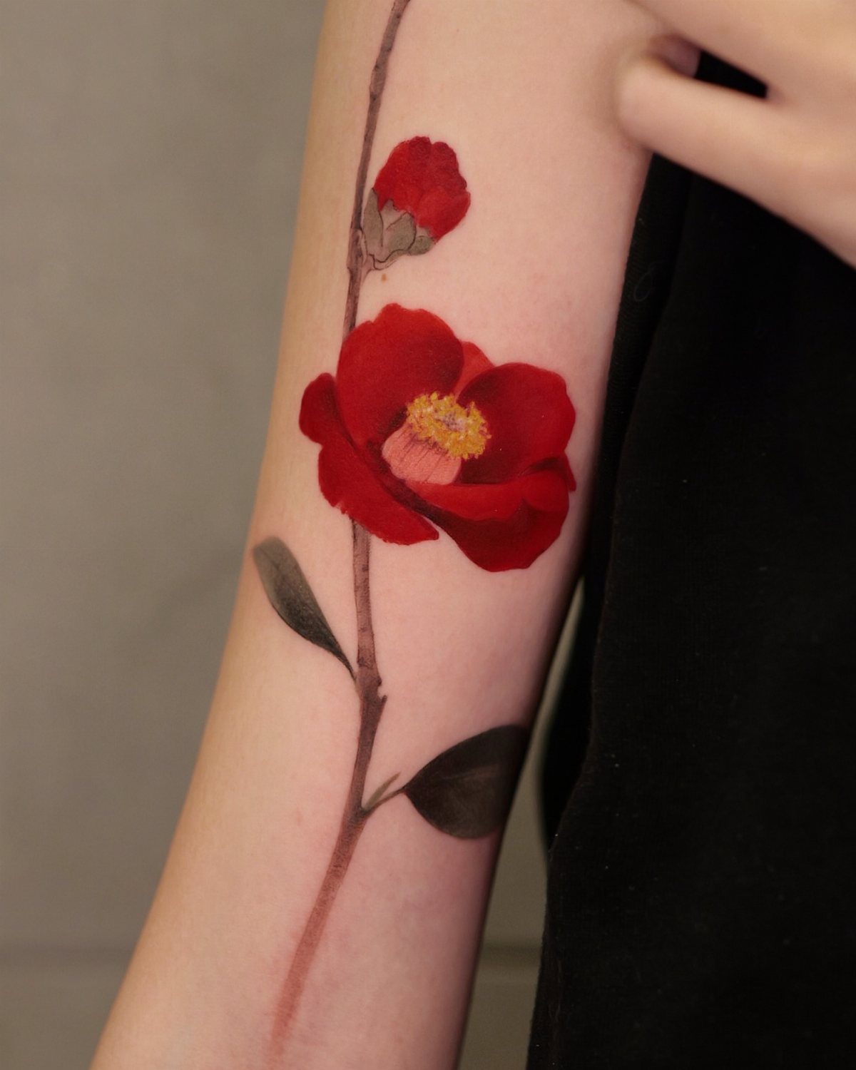 A realistic red camellia flower tattoo with green leaves on a person's forearm.