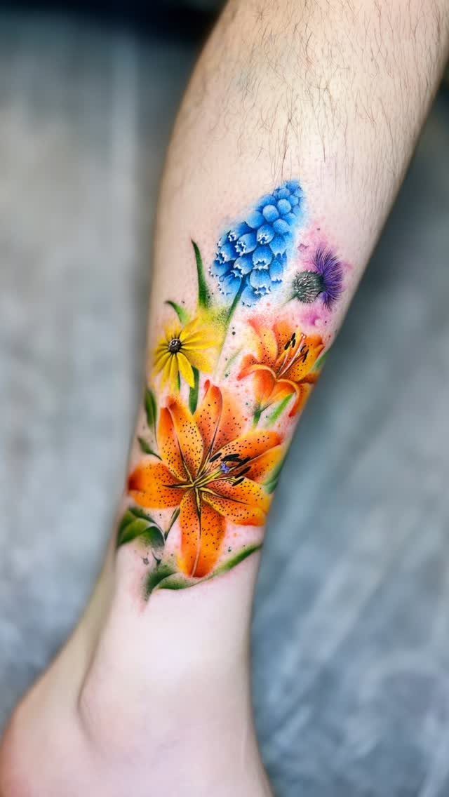 A vibrant watercolor style floral tattoo on a person's lower leg featuring lilies and wildflowers.