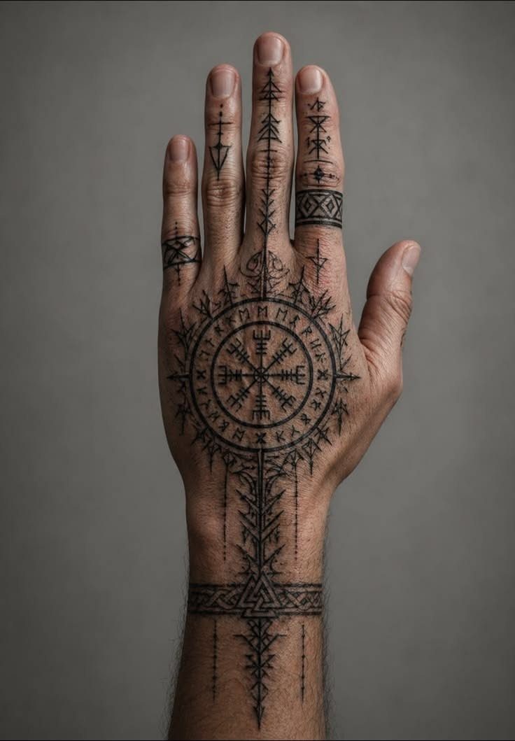 Rune Tattoo Ideas: 18 Symbols and Placements Worth Studying 2 Black ink tattoo on a hand featuring a circular symbol with runes and geometric patterns.