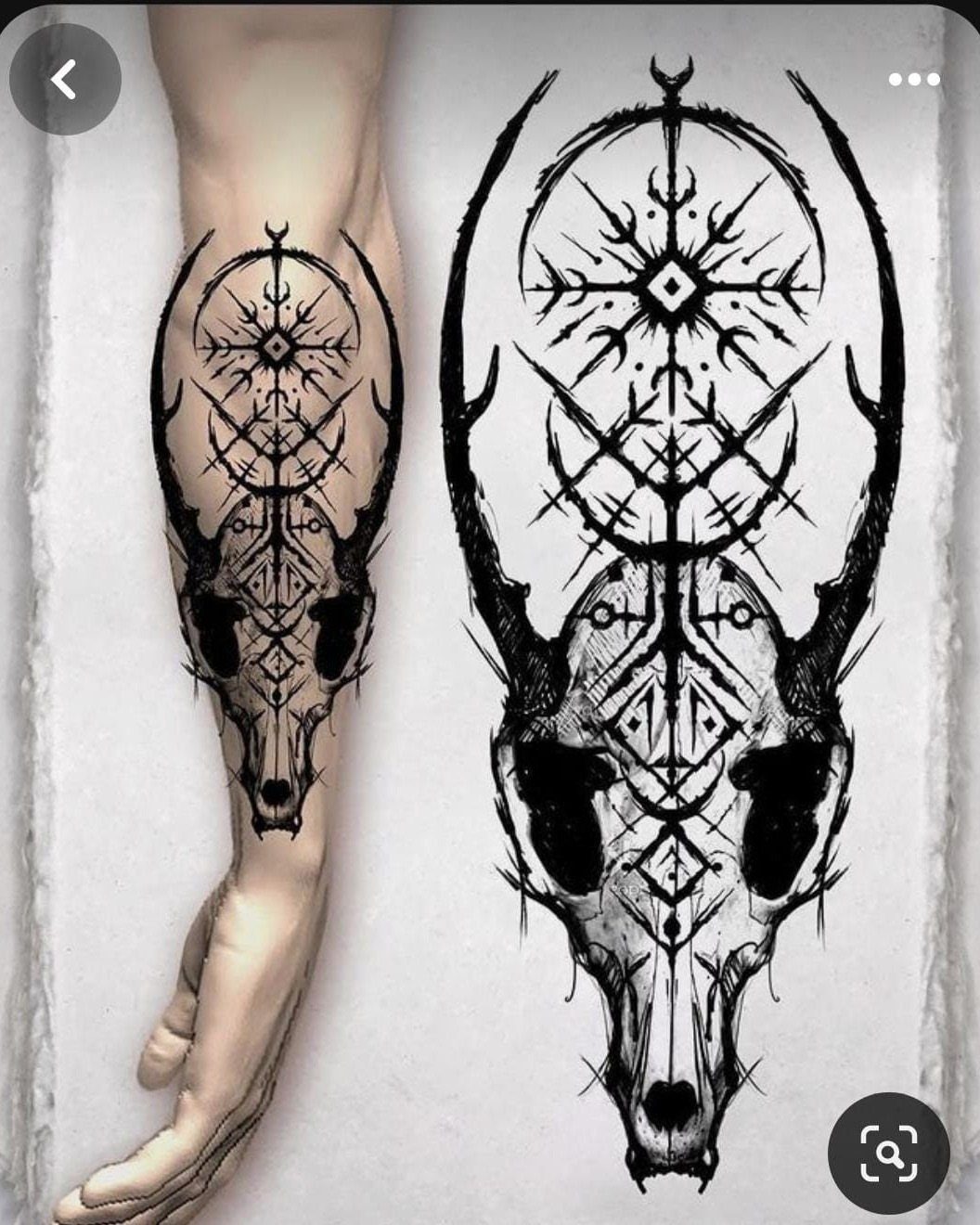 Rune Tattoo Ideas: 18 Symbols and Placements Worth Studying 17 A black ink tattoo design of an antlered skull with geometric rune symbols on a forearm.