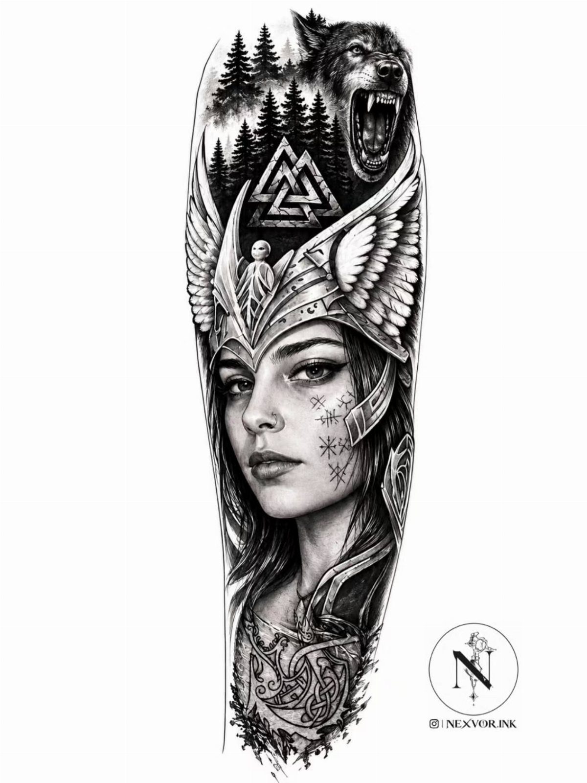 Rune Tattoo Ideas: 18 Symbols and Placements Worth Studying 18 Black and white tattoo design of a woman in a winged helmet with a wolf and forest.