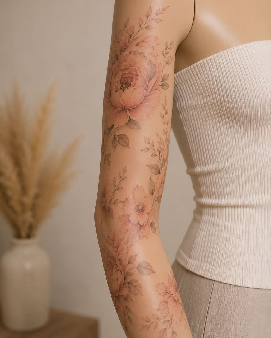 A detailed floral tattoo with pink flowers and green leaves covering a person's forearm.