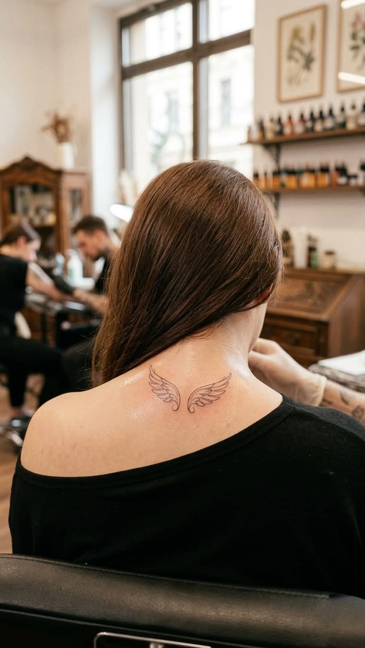 15 Small Tattoo Placement Ideas for Every Style 13 A woman with long brown hair displaying a small wing tattoo on the nape of her neck.