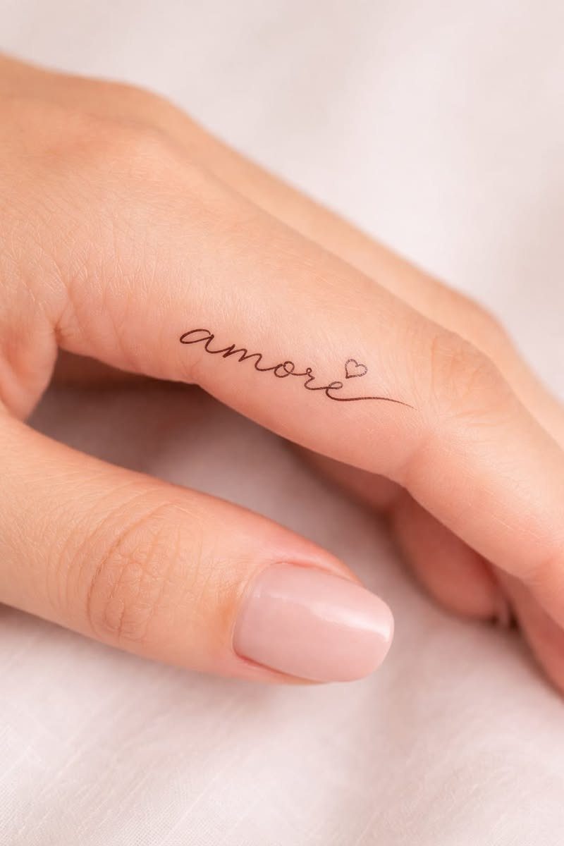 A small cursive tattoo reading amore with a tiny heart on a finger.