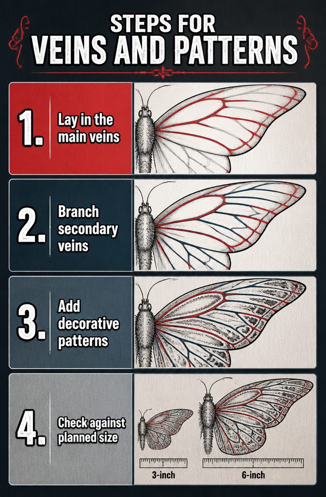 How to Sketch Butterfly Tattoos: 7 Drawing Styles from Fine Line to Geometric 10 Instructions for drawing veins and patterns on butterfly wings.