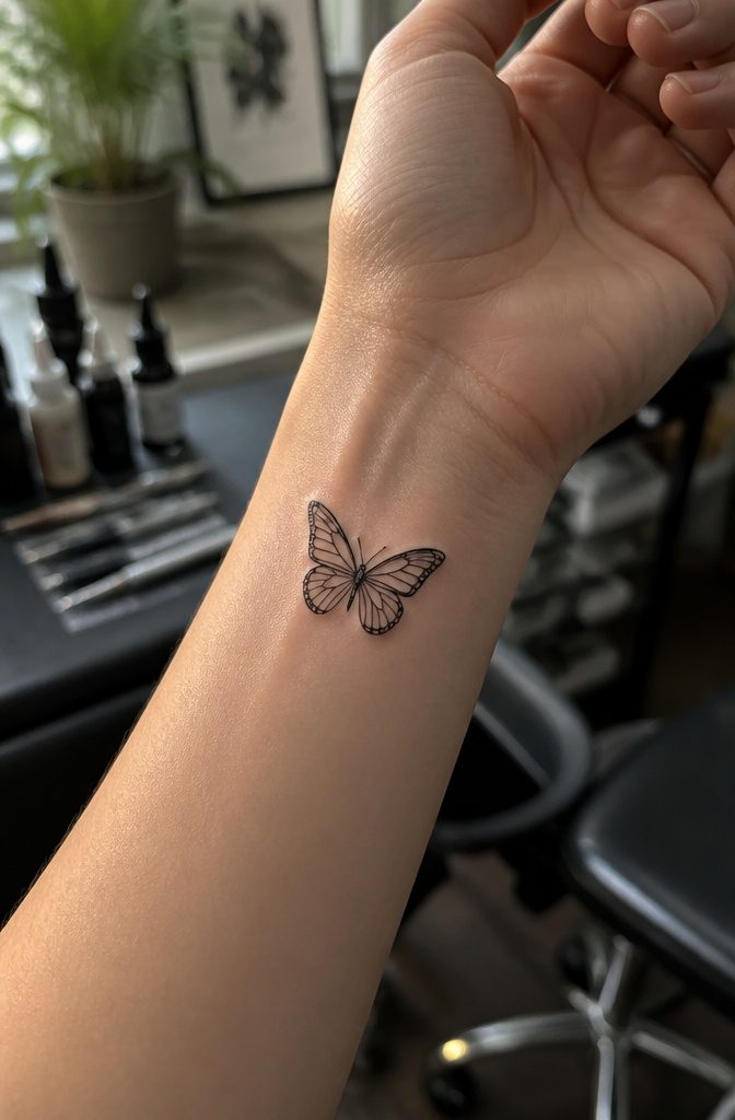 How to Sketch Butterfly Tattoos: 7 Drawing Styles from Fine Line to Geometric 1 Close-up of a fine line butterfly tattoo on a wrist.
