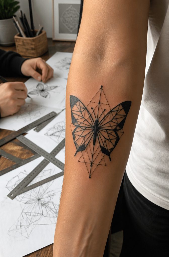 How to Sketch Butterfly Tattoos: 7 Drawing Styles from Fine Line to Geometric 6 Geometric butterfly tattoo composed of triangles and straight lines.