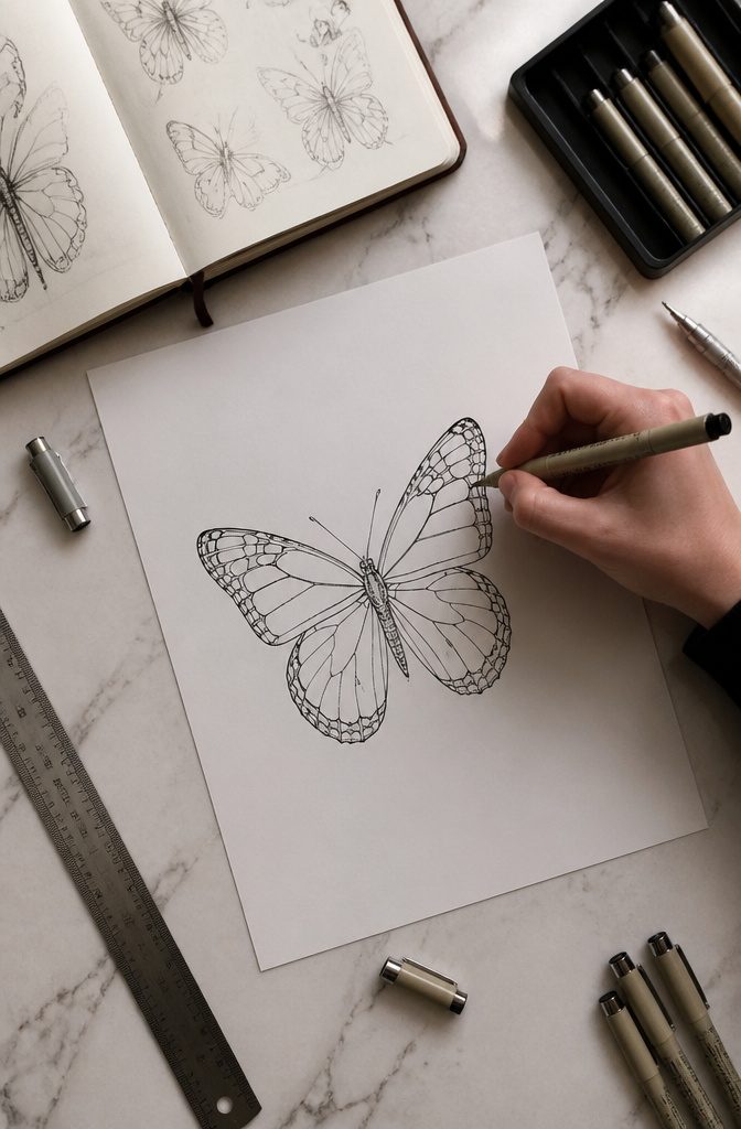 How to Sketch Butterfly Tattoos: 7 Drawing Styles from Fine Line to Geometric 11 Instructions for inking final lines of a butterfly tattoo sketch.
