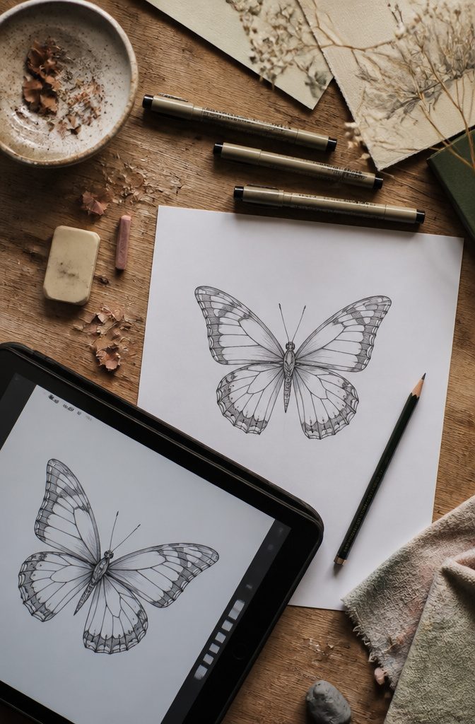 How to Sketch Butterfly Tattoos: 7 Drawing Styles from Fine Line to Geometric 13 Various tools used for drawing butterfly tattoo sketches.