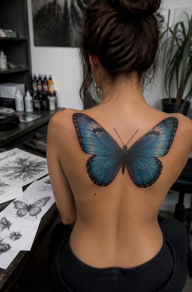 How to Sketch Butterfly Tattoos: 7 Drawing Styles from Fine Line to Geometric 2 Detailed butterfly tattoo on an upper back with intricate vein patterns.