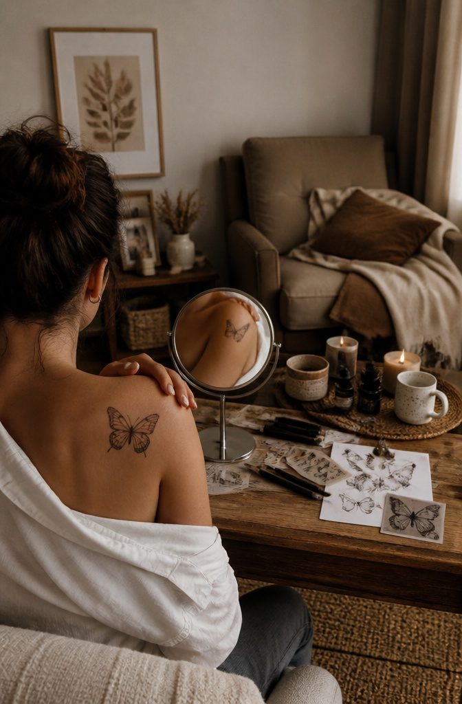 How to Sketch Butterfly Tattoos: 7 Drawing Styles from Fine Line to Geometric 14 Demonstration of testing tattoo placement on skin with a marker.
