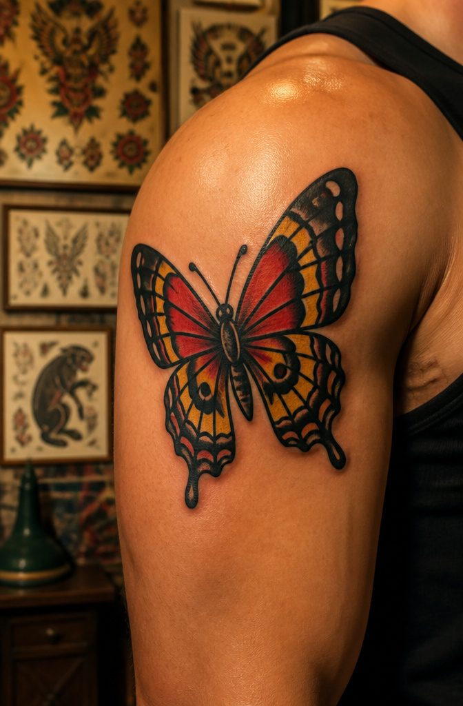 How to Sketch Butterfly Tattoos: 7 Drawing Styles from Fine Line to Geometric 4 Flash-style butterfly tattoo with bold outlines and a colorful design.